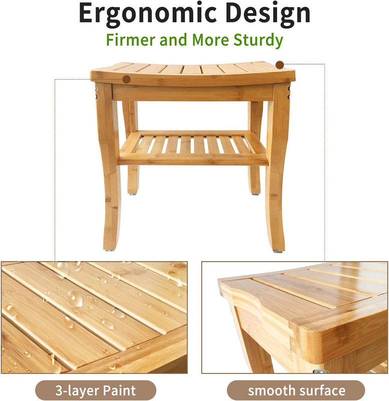 Bamboo Shower Bench Elegant design with Storage Shelf 18