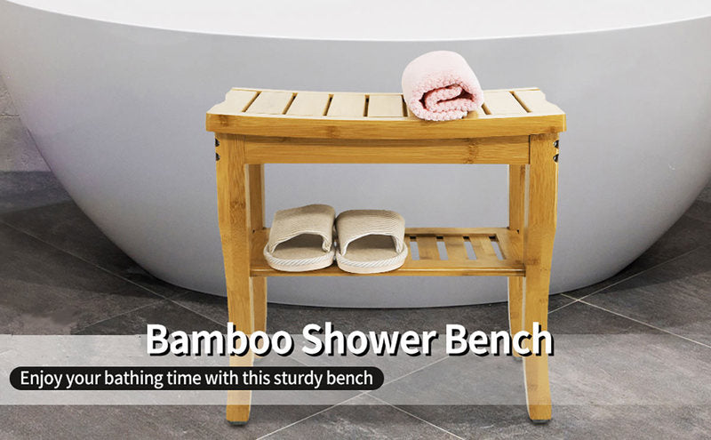 Bamboo Shower Bench Elegant design with Storage Shelf 18