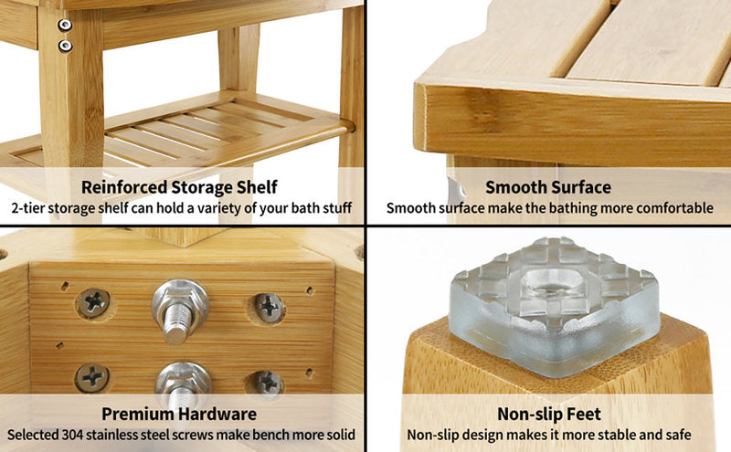 Bamboo Shower Bench Elegant design with Storage Shelf 18