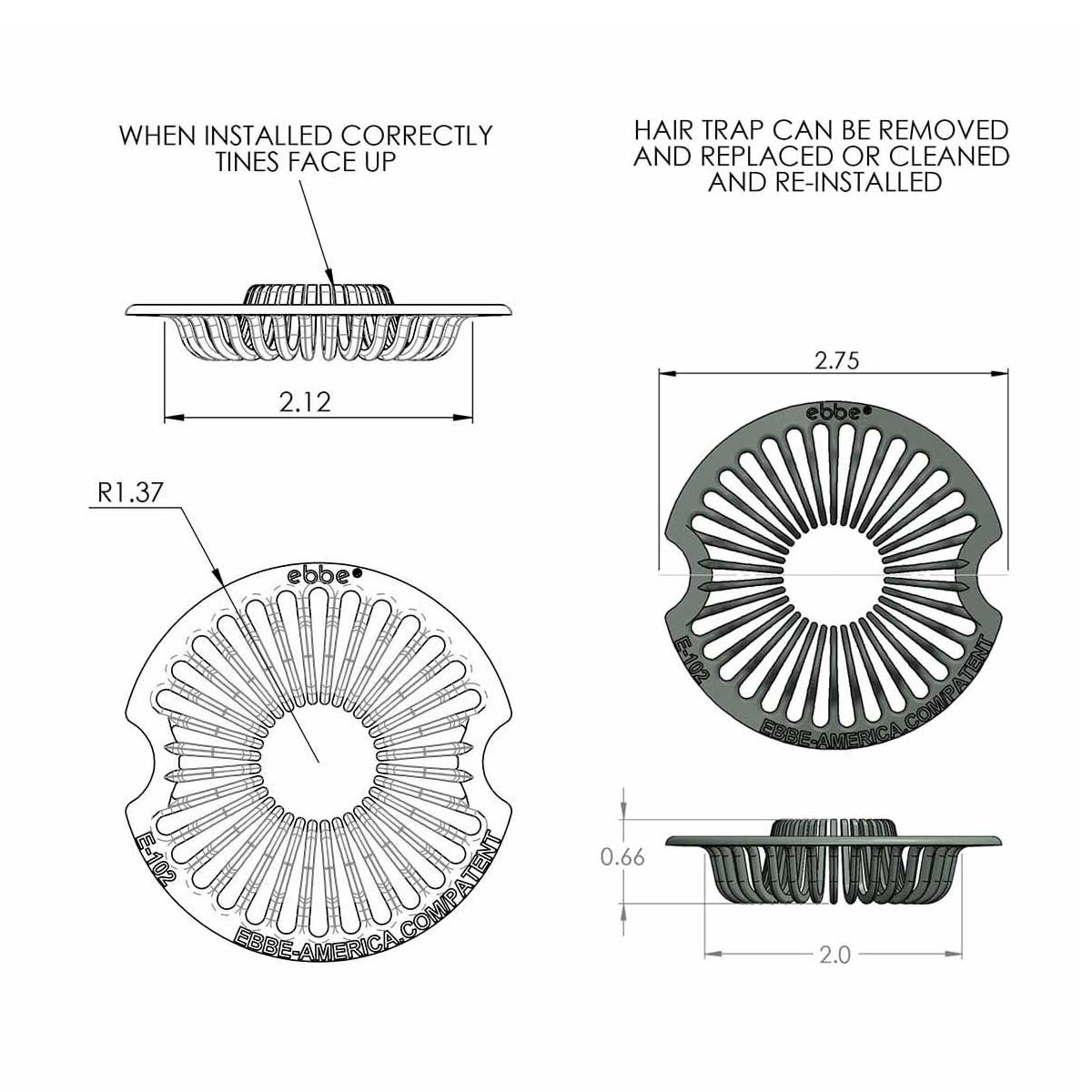 Ebbe E102 universal hair trap dimensions and specifications
