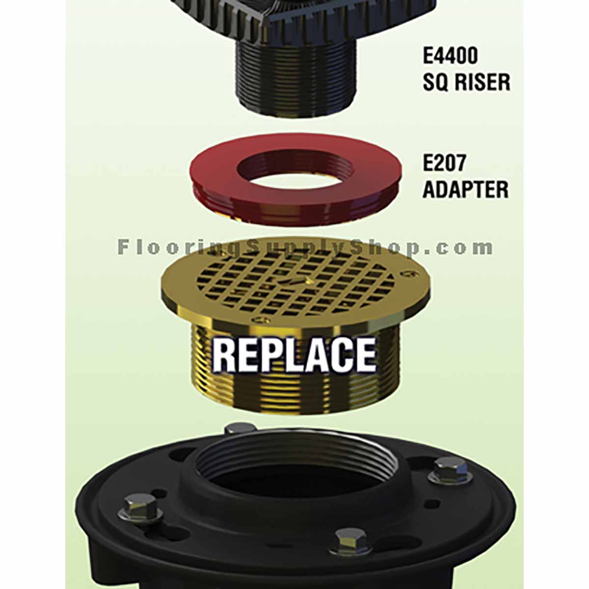 Plumbing parts including a black riser, red adapter, gold drain cover, and black flange