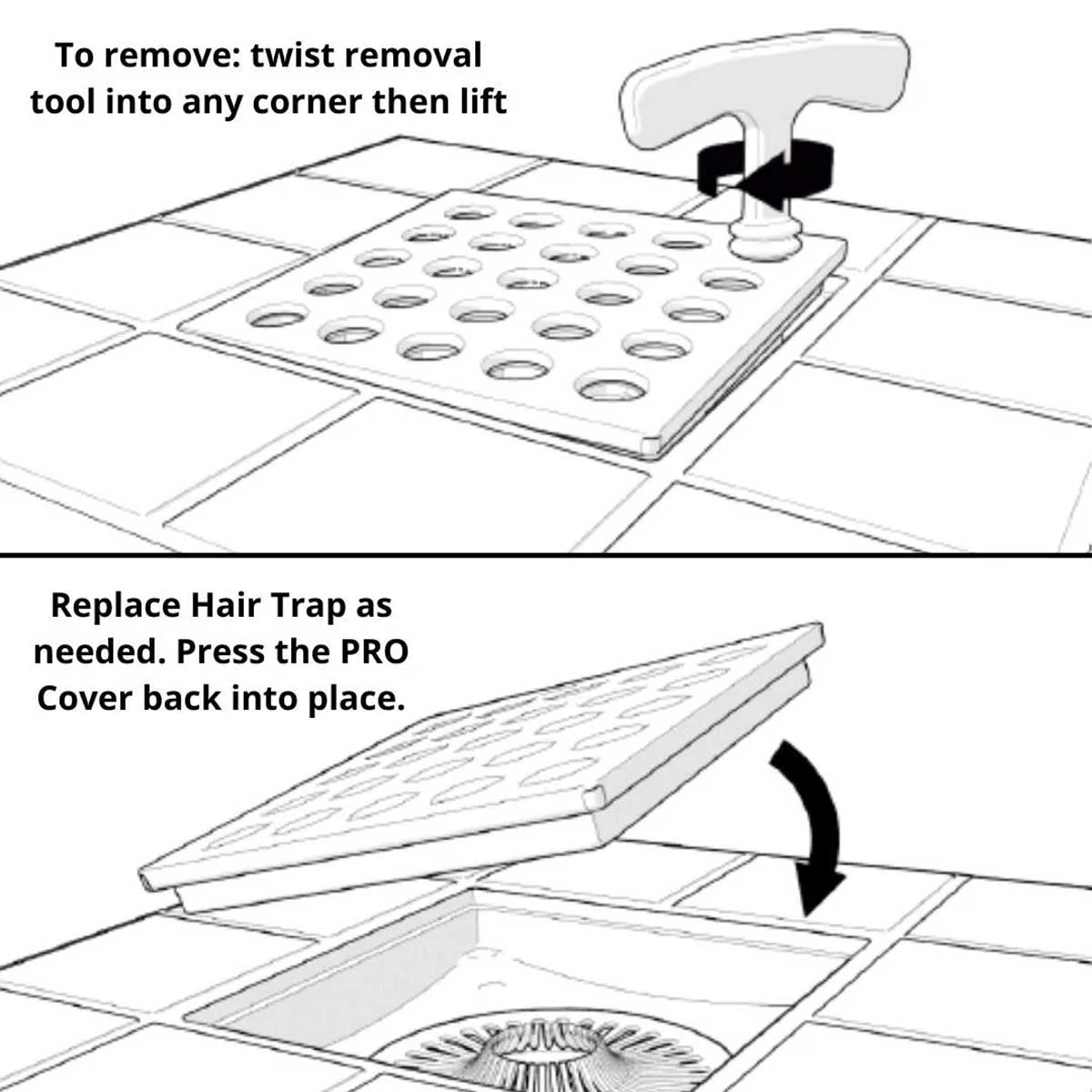 Diagram showing how to remove and replace a hair trap on a Ebbe Square Shoer Using the Drain T-Grate Corner puller - E106