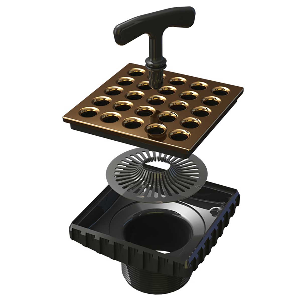 Ebbe Pro Square Shower Drain in Gold finish with handle Hair Trap and Ebbe drain body on a tiled floor