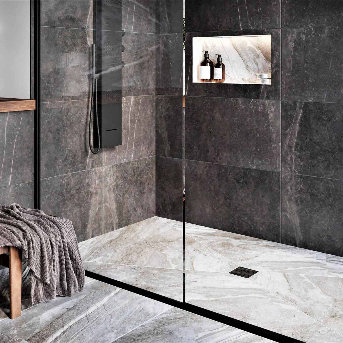 Modern bathroom with glass shower enclosure, Black wall tiles, and Matte Black fixtures with Ebbe Drains Unique Square Shower Drain Grate - Lattice