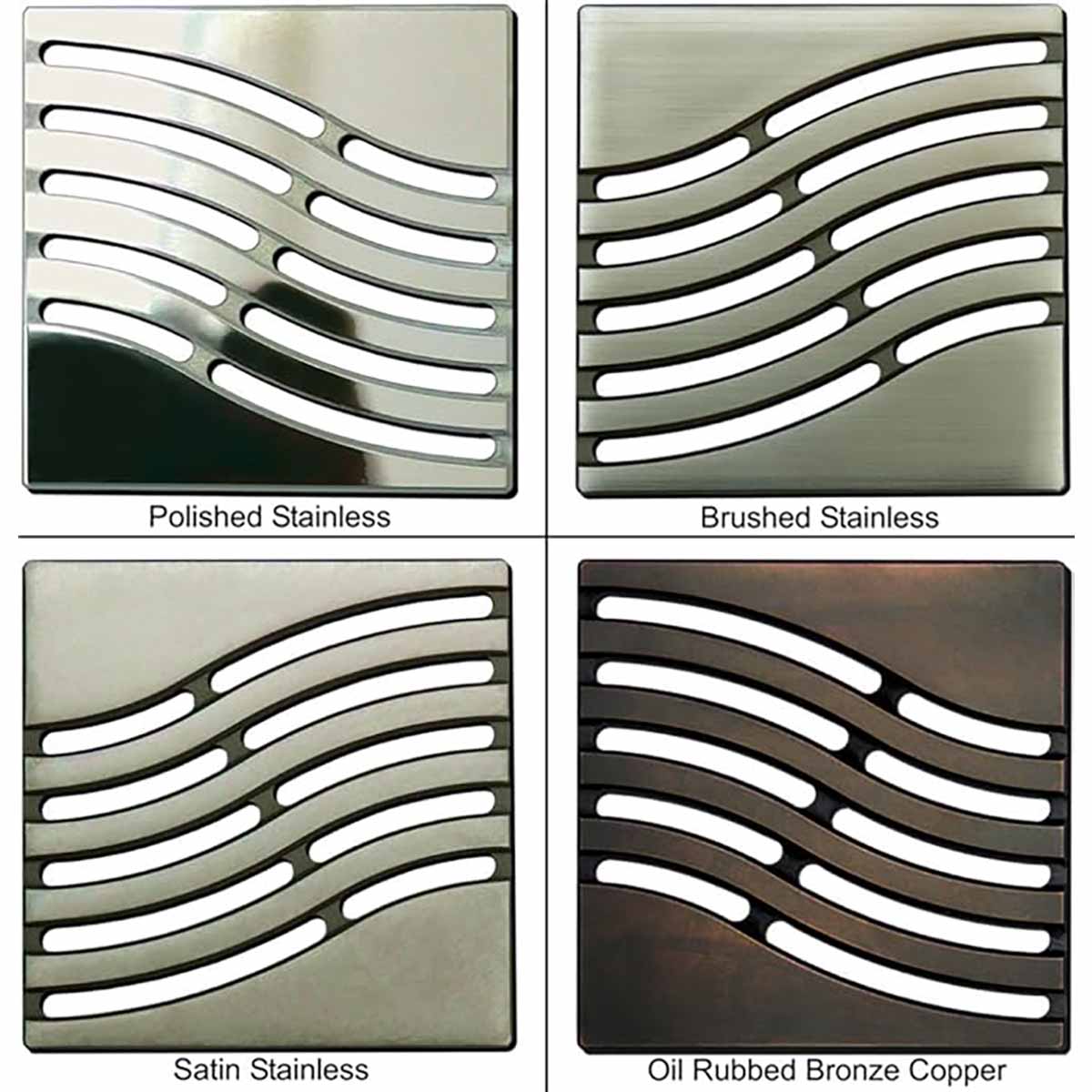 Ebbe Drains Unique Square Shower Drain Grate - Tsunami Four stainless steel grates with different finishes: Polished, Brushed, Satin, and Oil Rubbed Bronze Copper.