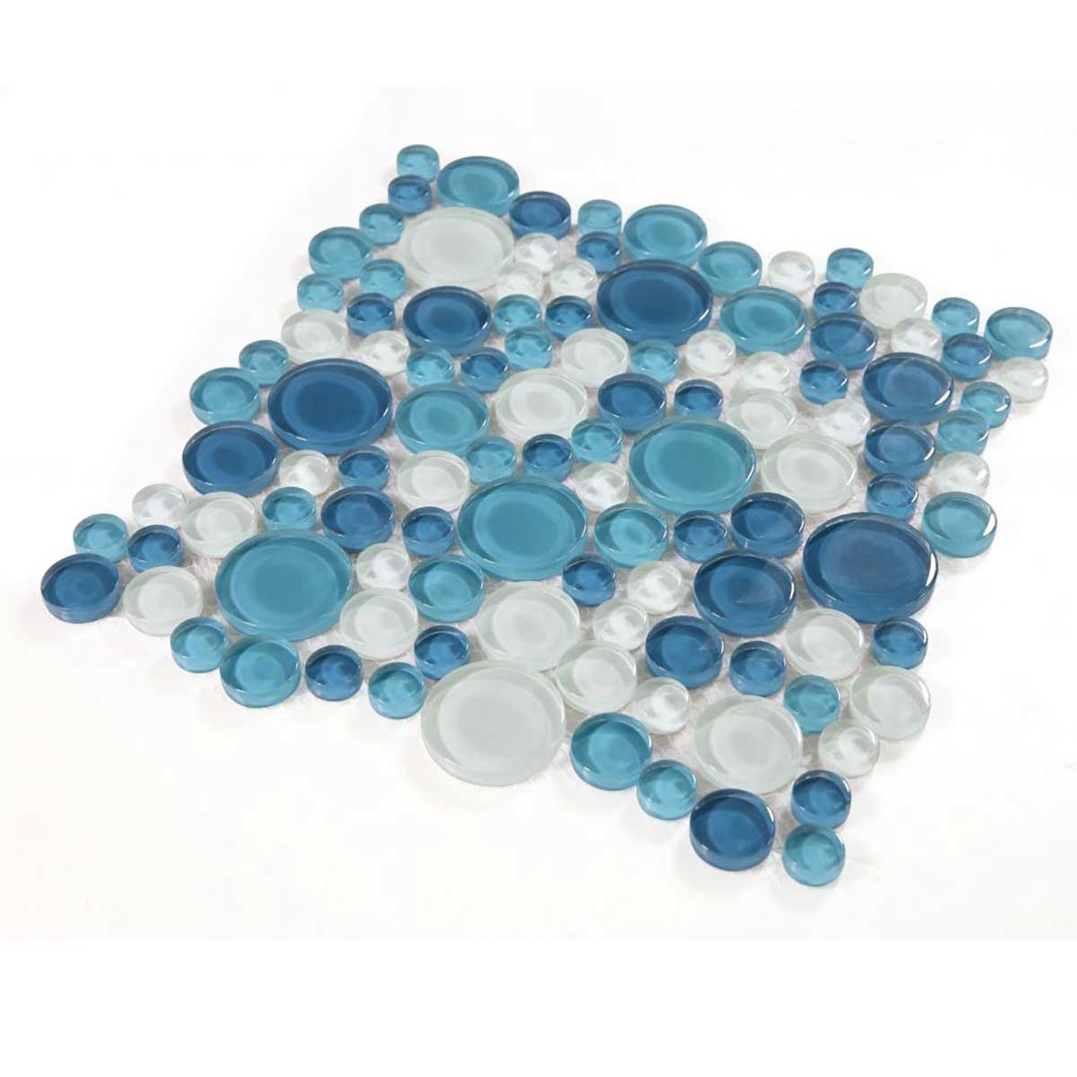 Circular glass backsplash tile in ocean blue and white finish