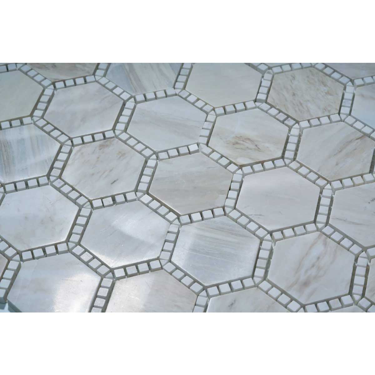 White marble hexagon tile with natural beige veining for bathroom floor