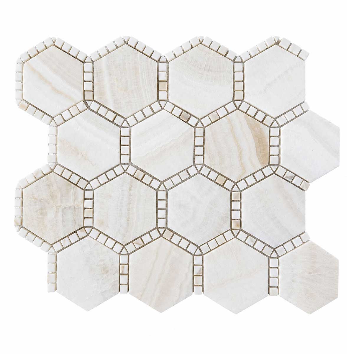 Onyx Ivory hexagon marble mosaic tile with honed finish