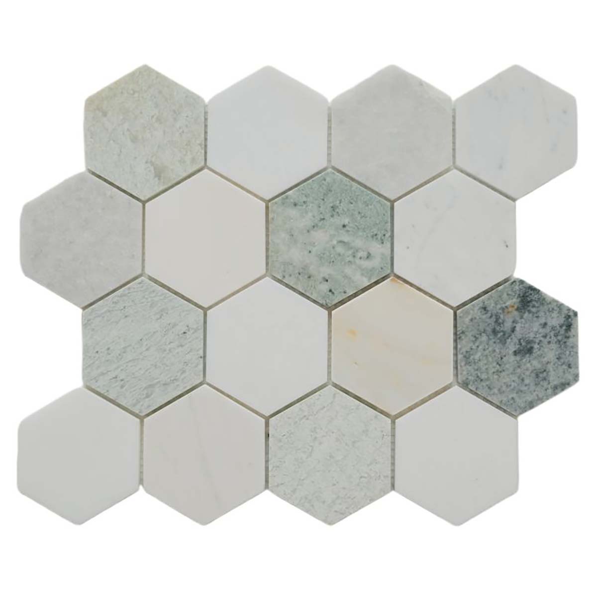 Green White Calacatta Marble Hexagon Mosaic Tile 3 x 3 Honed