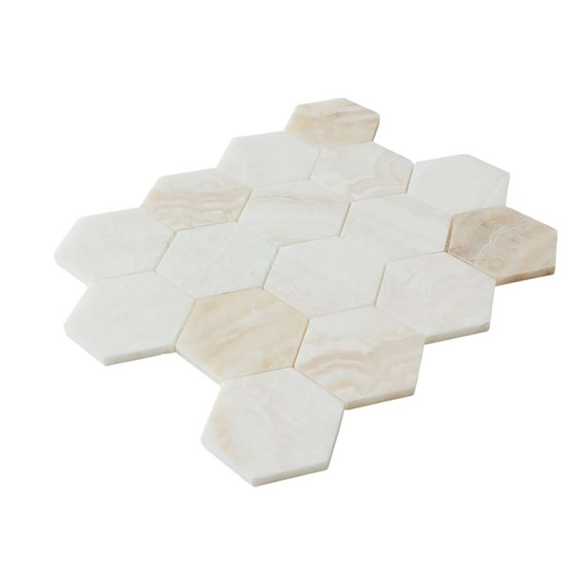 Onyx Ivory Hexagon Mosaic Tile 3" x 3" Honed Marble Sheet