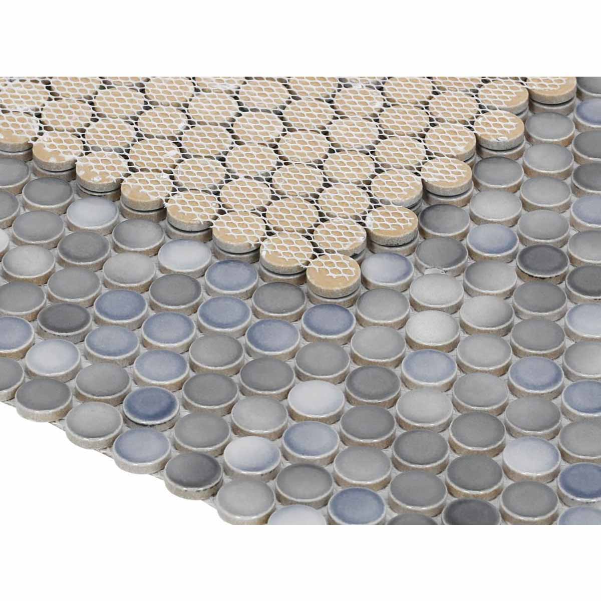 Mosaic Handmade Porcelain Penny Round - Blue Gray Glossy