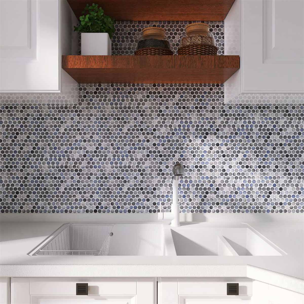 Mosaic Handmade Porcelain Penny Round - Blue Gray Glossy