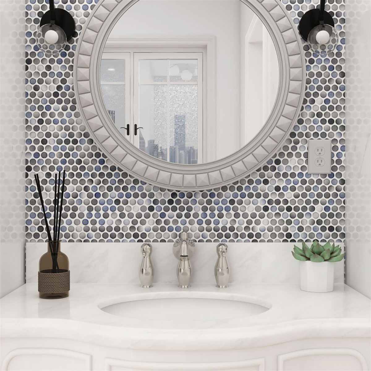 Mosaic Handmade Porcelain Penny Round - Blue Gray Glossy