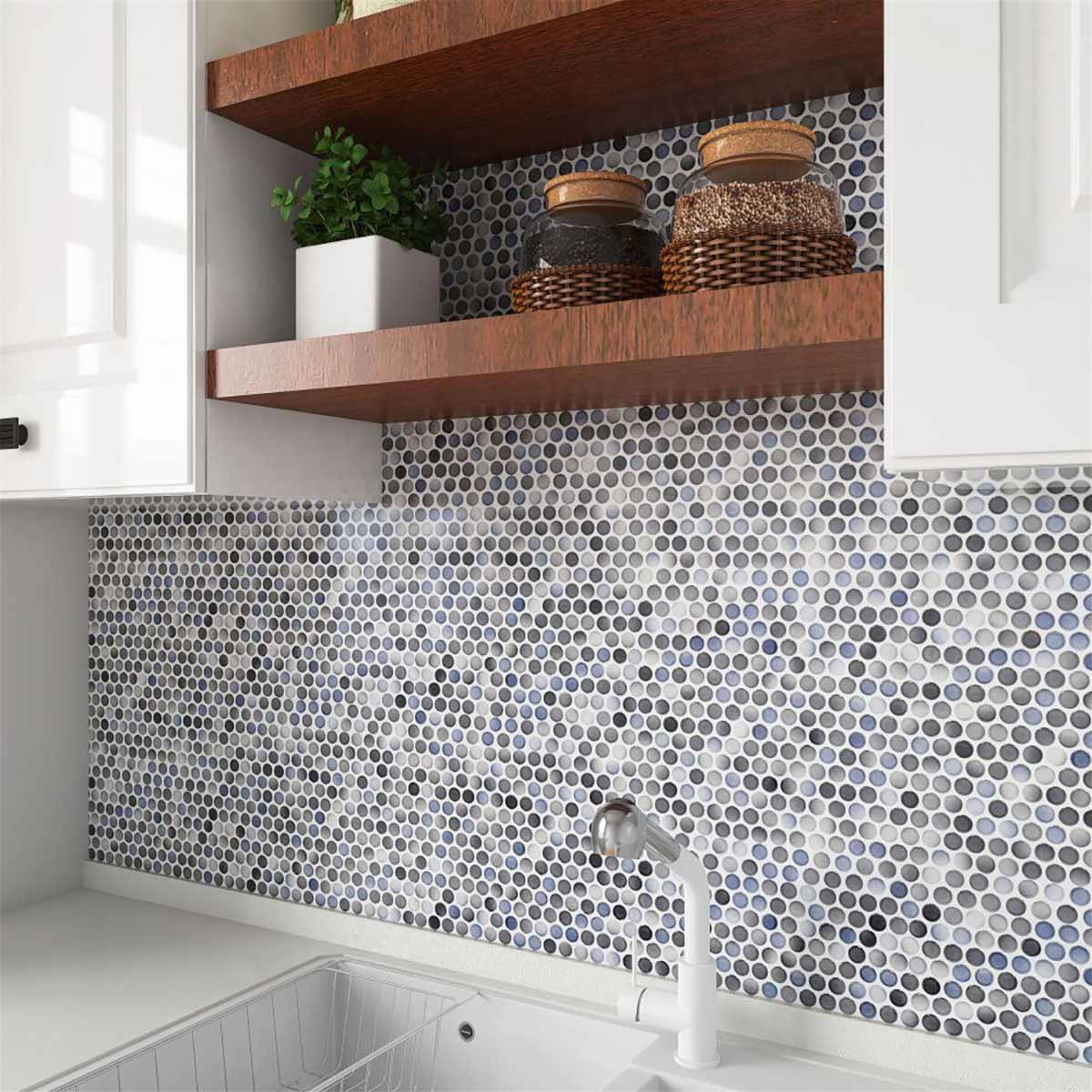 Mosaic Handmade Porcelain Penny Round - Blue Gray Glossy