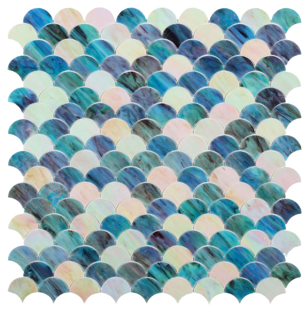 Mosaic Glass Tile Fish Scale Shape - Green Sky