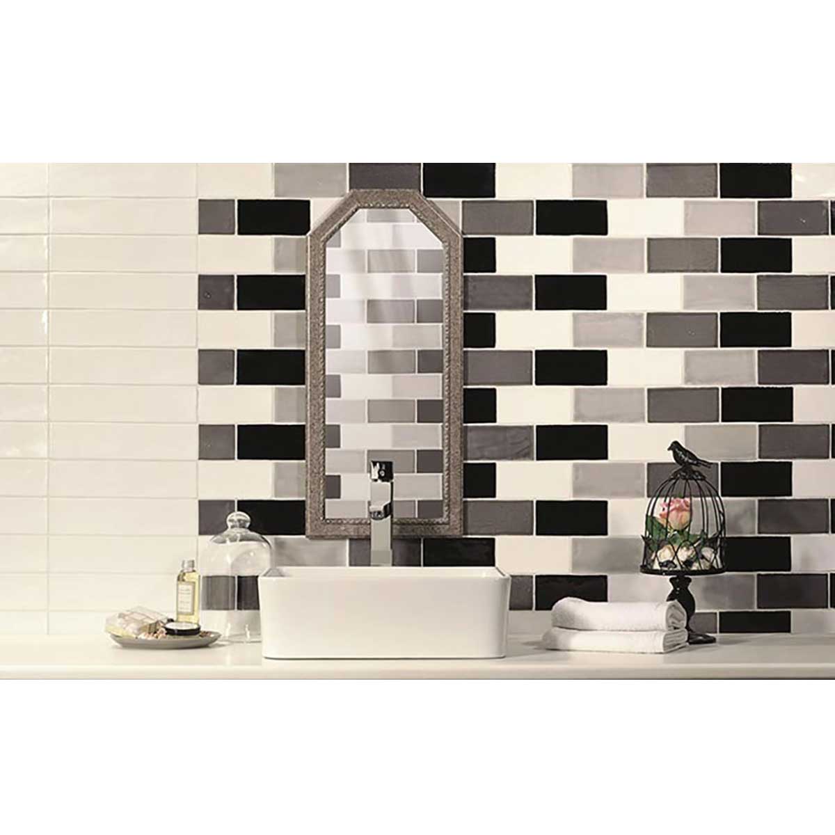 Black and Dark Grey ceramic backsplash tile creating a bold contemporary kitchen design