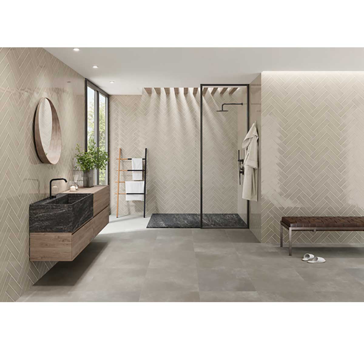 Handmade taupe wall tile creating a refined feature in shower and bathroom spaces