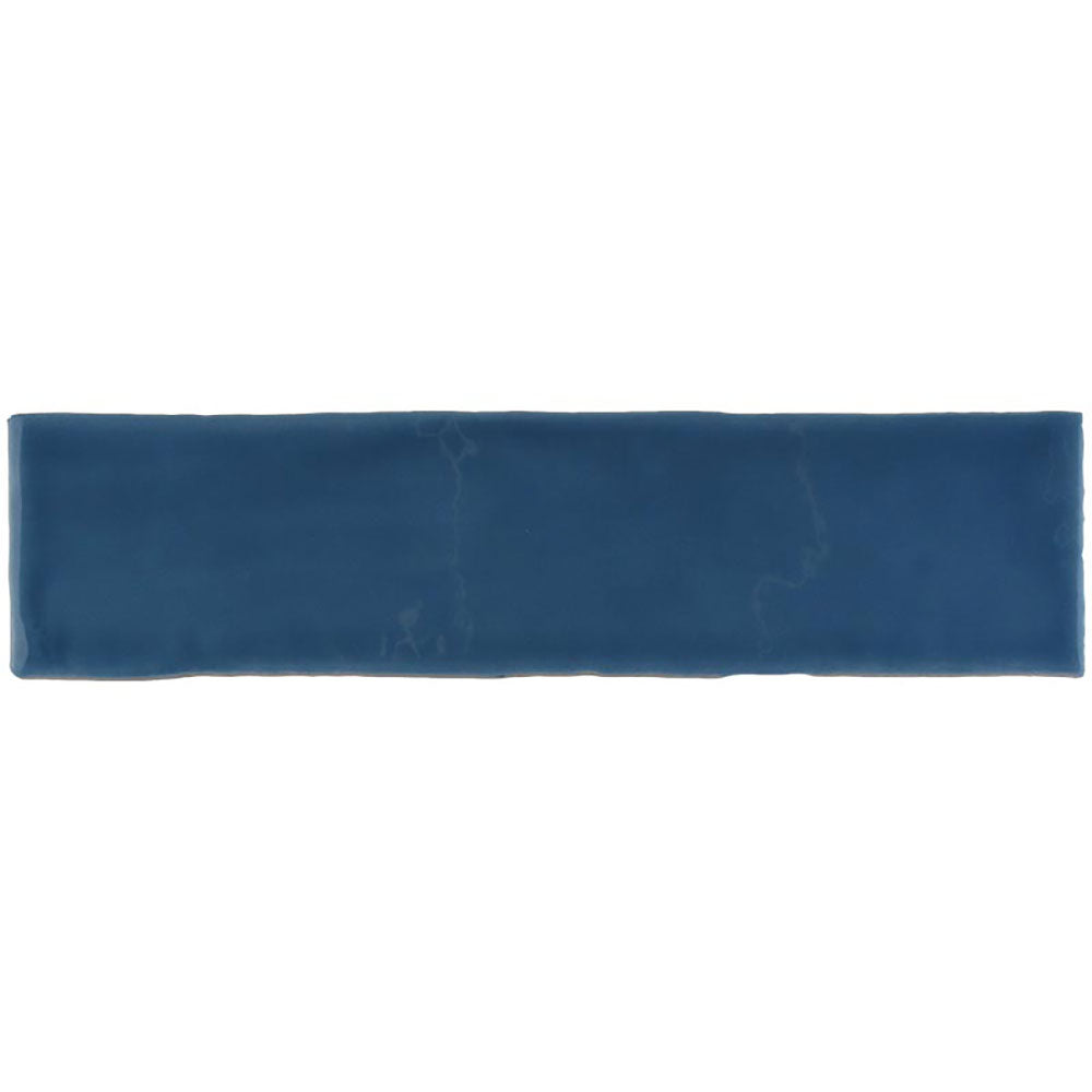 Glossy blue handmade ceramic subway tile with artisan Spanish craftsmanship