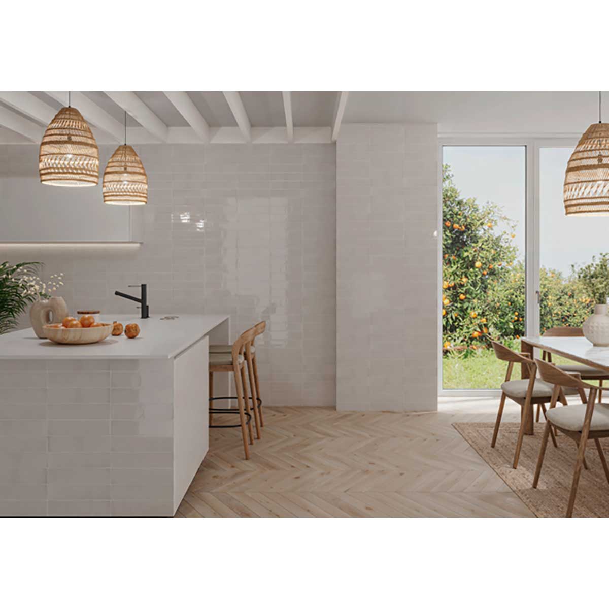 Modern kitchen with white island, wooden chairs, and Kaleidoscope 3x6 Handmade Ceramic Subway Tile - Light Grey Glossy Spanish Wall Tile