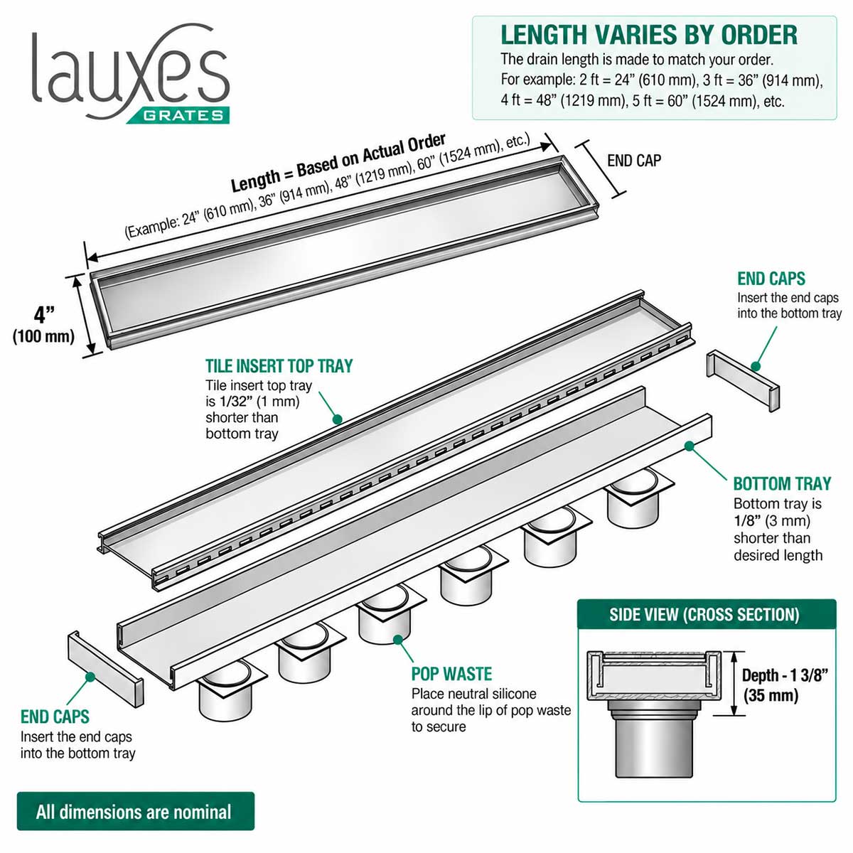 Lauxes Linear Shower Drain Technical Specifications 1 3/8 Inch Depth