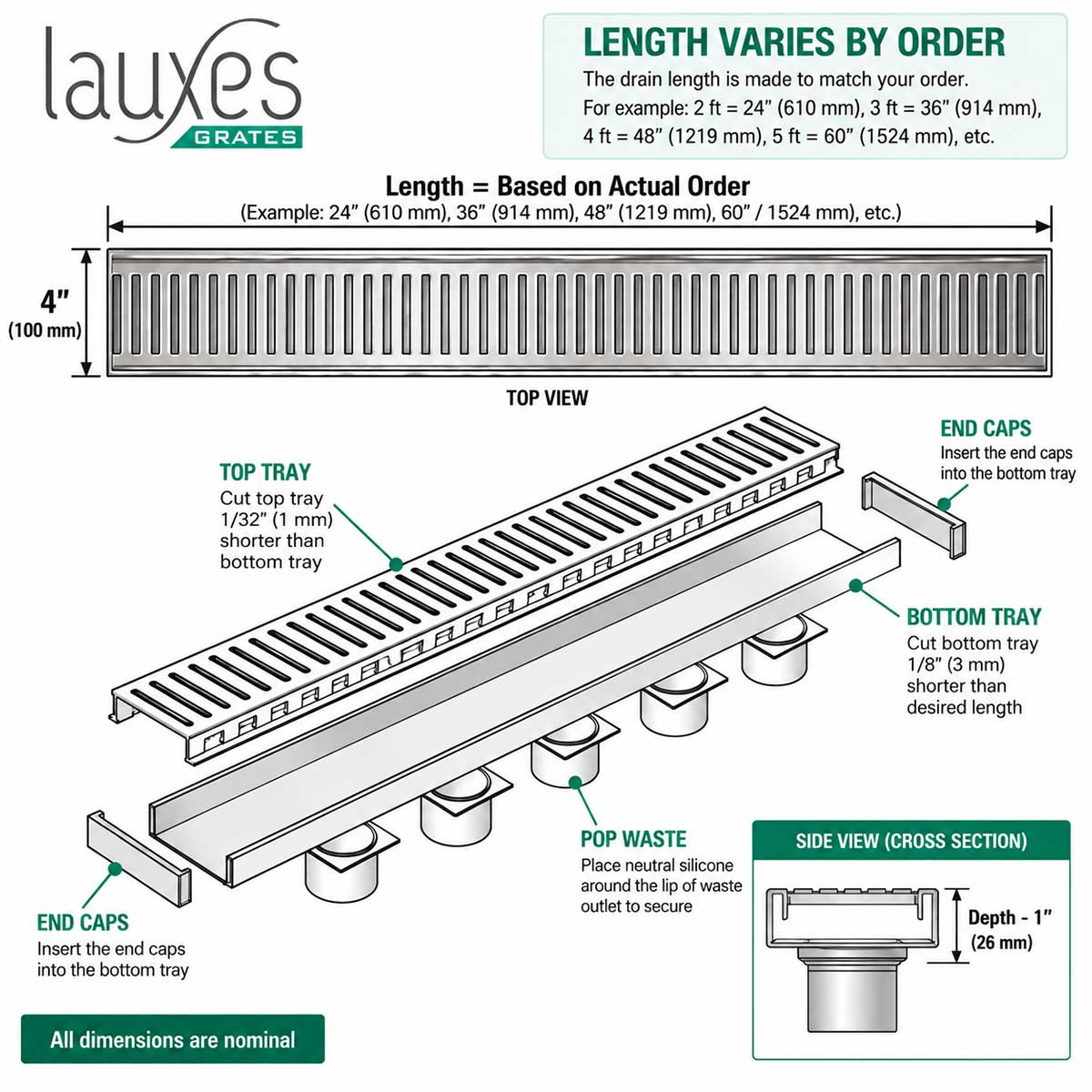 Lauxes NXT26 linear shower drain technical drawing with dimensions in inches and millimeters
