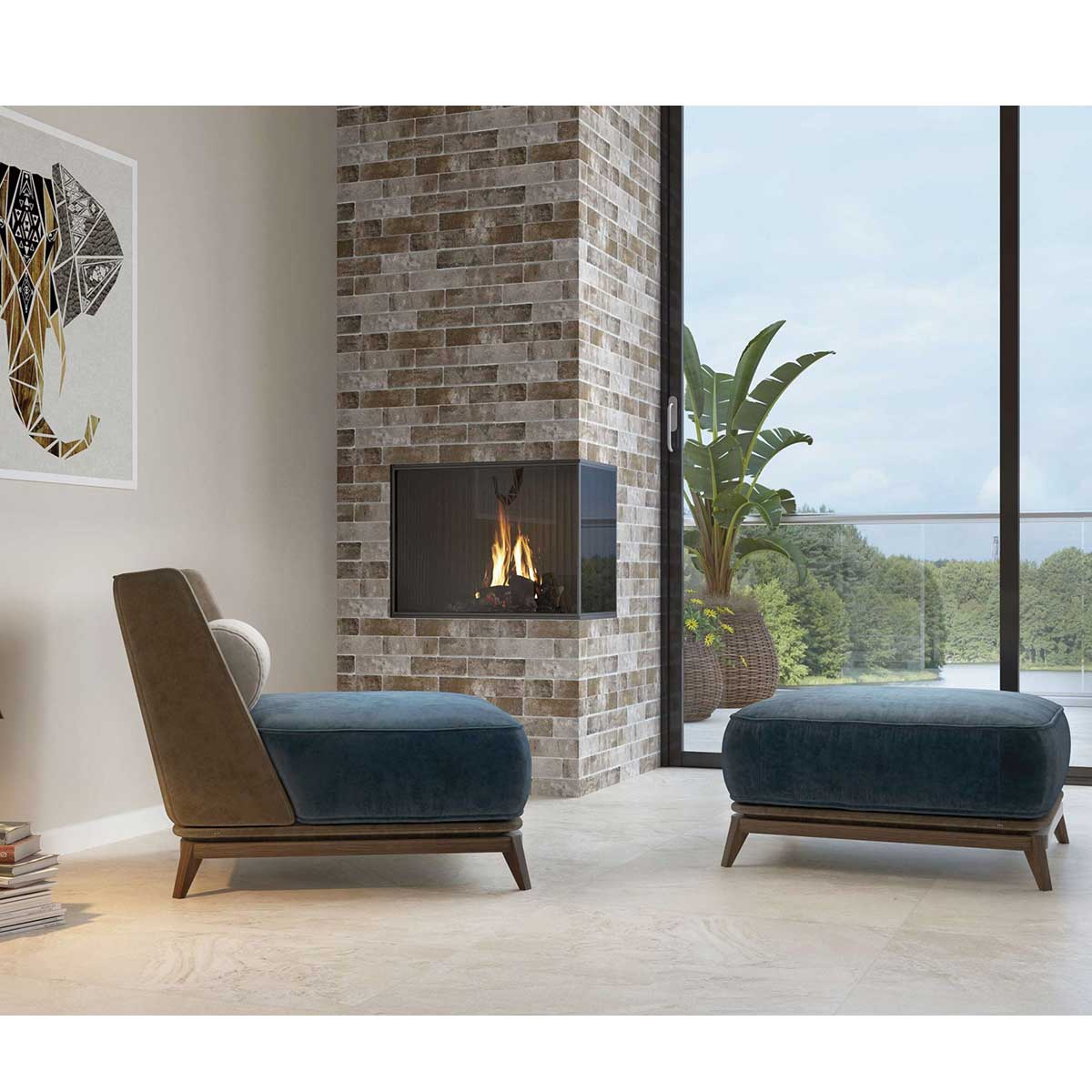 Modern fireplace surround featuring Antique Clay brick porcelain tile
