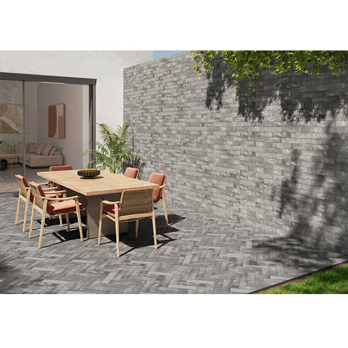 Exterior patio installation using South Loop Iron porcelain tile