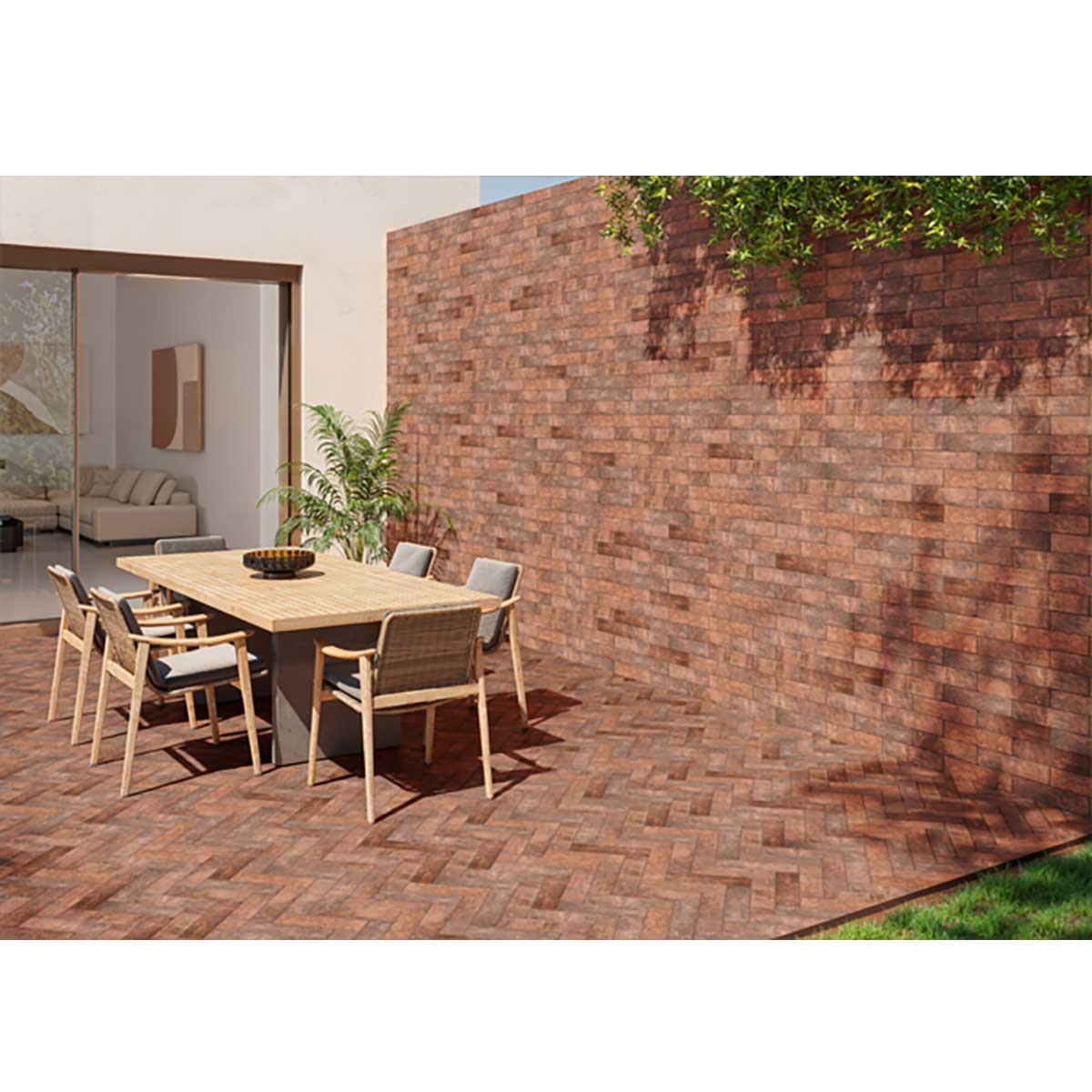 Exterior patio installation using South Loop Old Fire porcelain tile