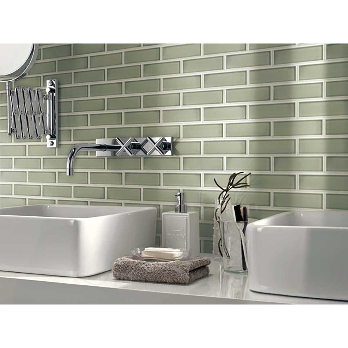 Urban Meadow Interlocking Glass Mosaic Tile Mesh Mounted Installed on wall in bathroom with 2 sink on counter top