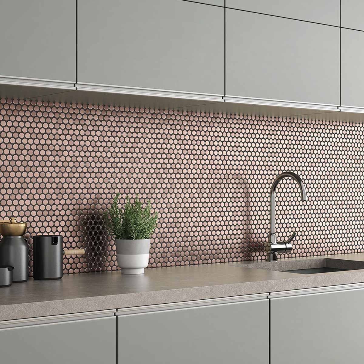 Mosaics Metal Tile Penny Round - Rose Gold Brushed