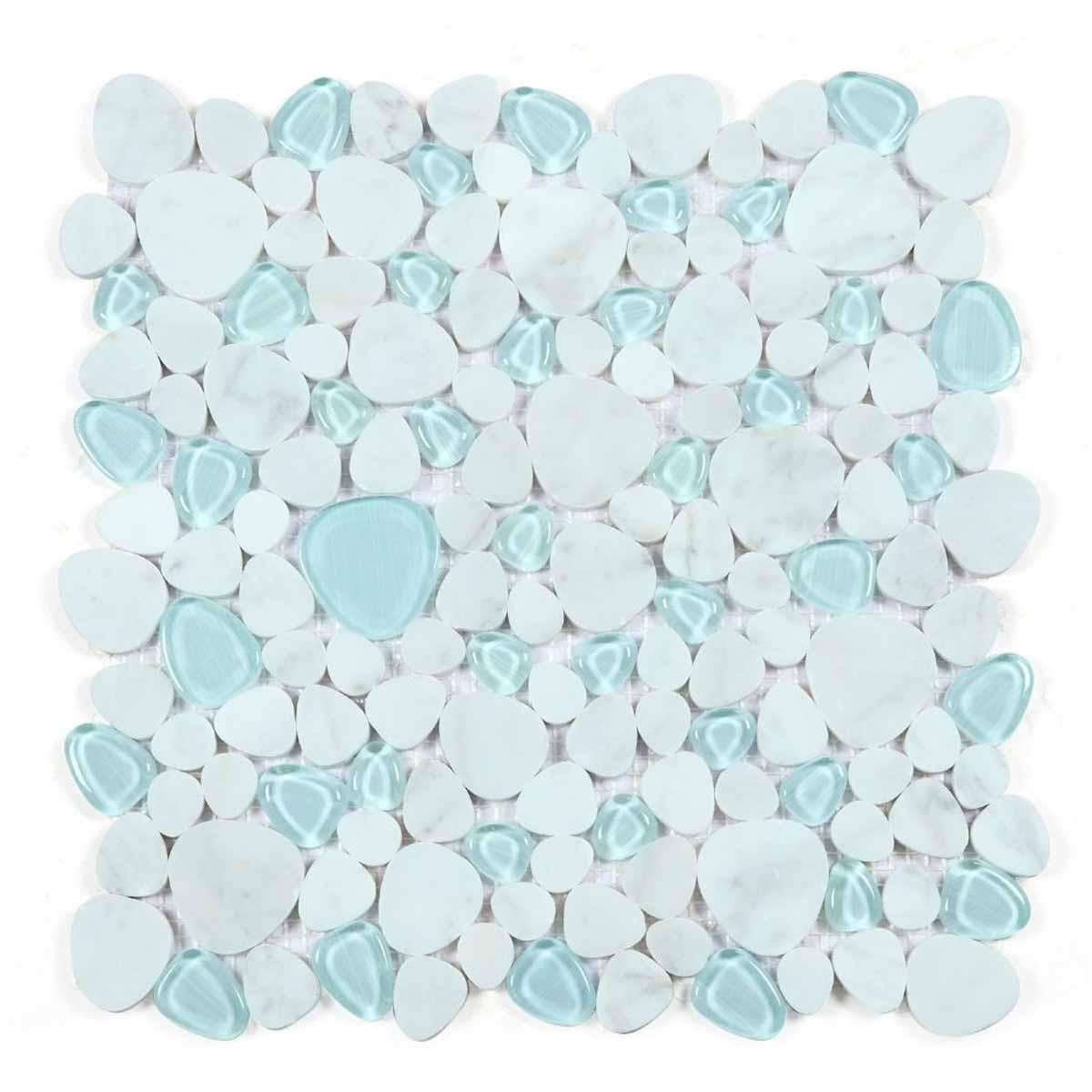 Mosaic Carrara Marble and Glass in Pebble look - Blue Sea