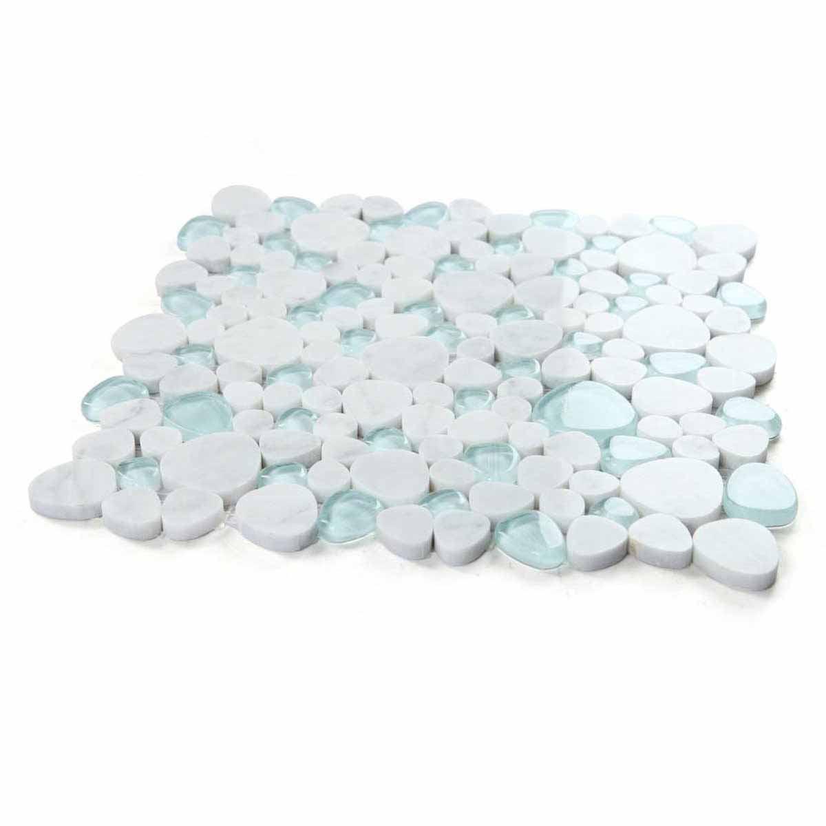 Mosaic Carrara Marble and Glass in Pebble look - Blue Sea