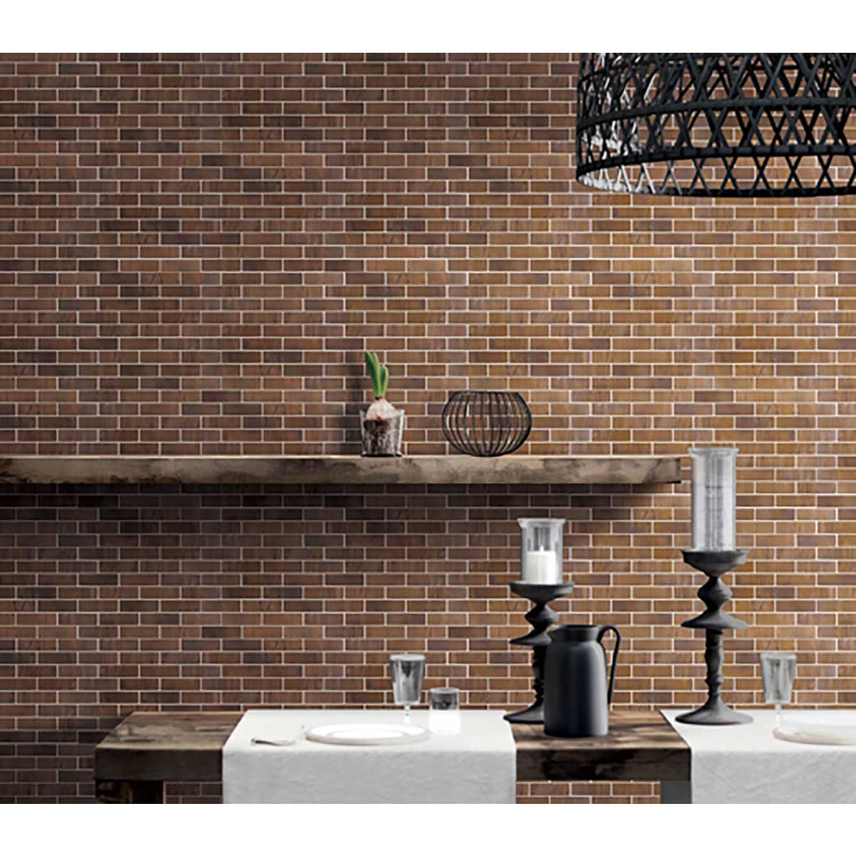 Antique Copper Metal Tile on wall with wood shelf and table set