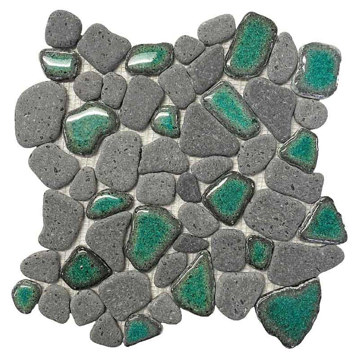 Teal Tide Glazed Basalt Pebble Mosaic Tile