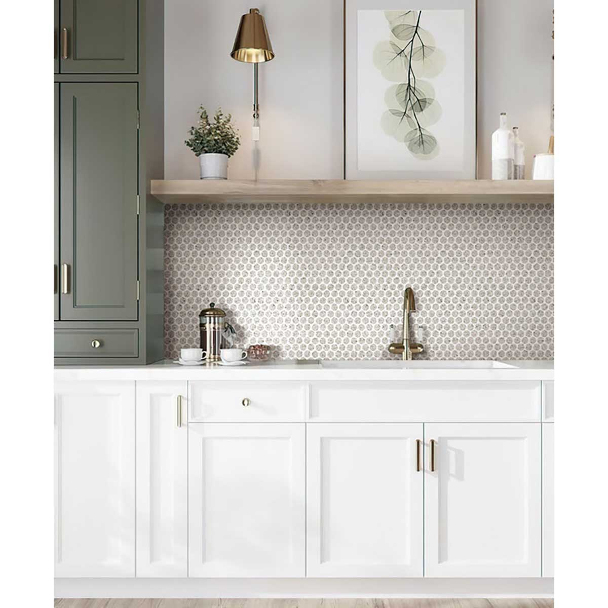 Modern kitchen with white cabinets, hexagonal tile backsplash, and Terrazzo Penny Round Mosaic