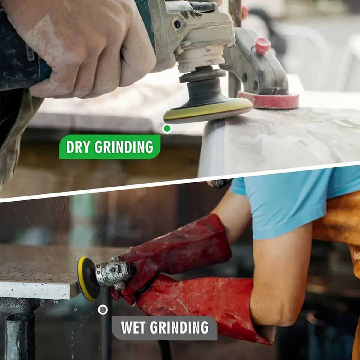 Comparison of dry and wet grinding processes on a concrete surface.