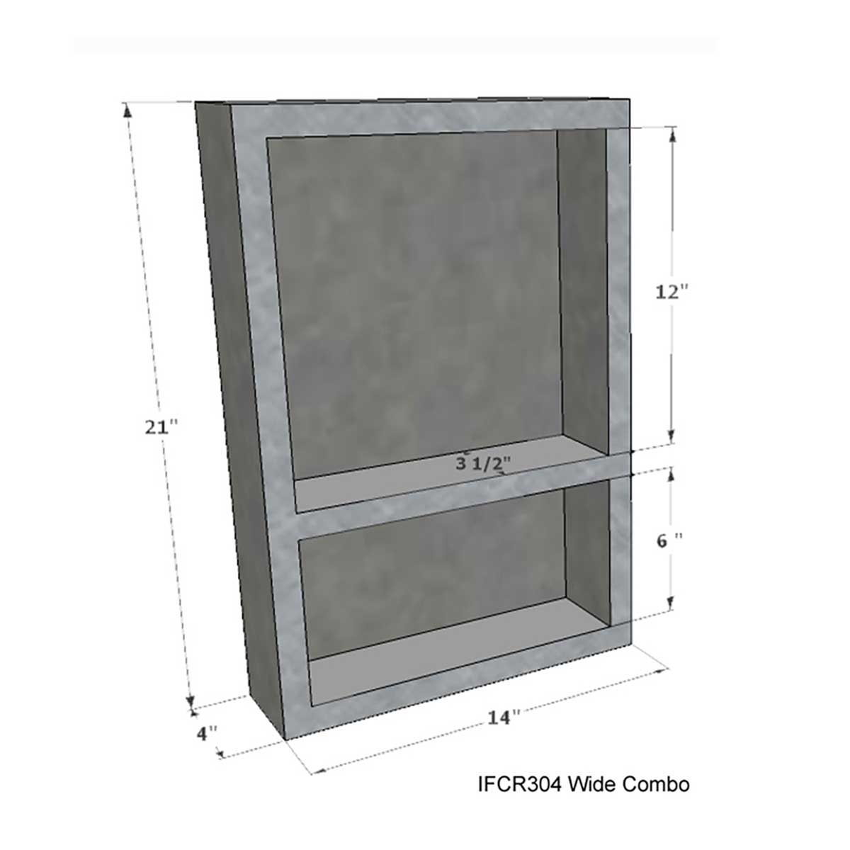 Ready to tile wide combo shower niche designed for recessed storage in tiled shower walls.