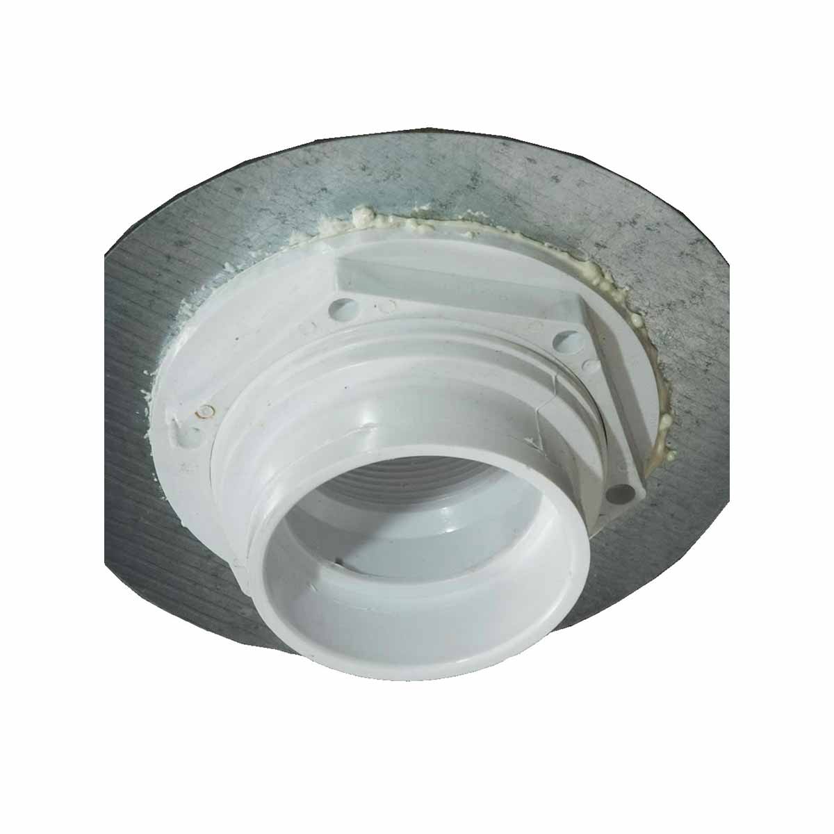 Bottom view of PVC rough drain of the preformed shower pan