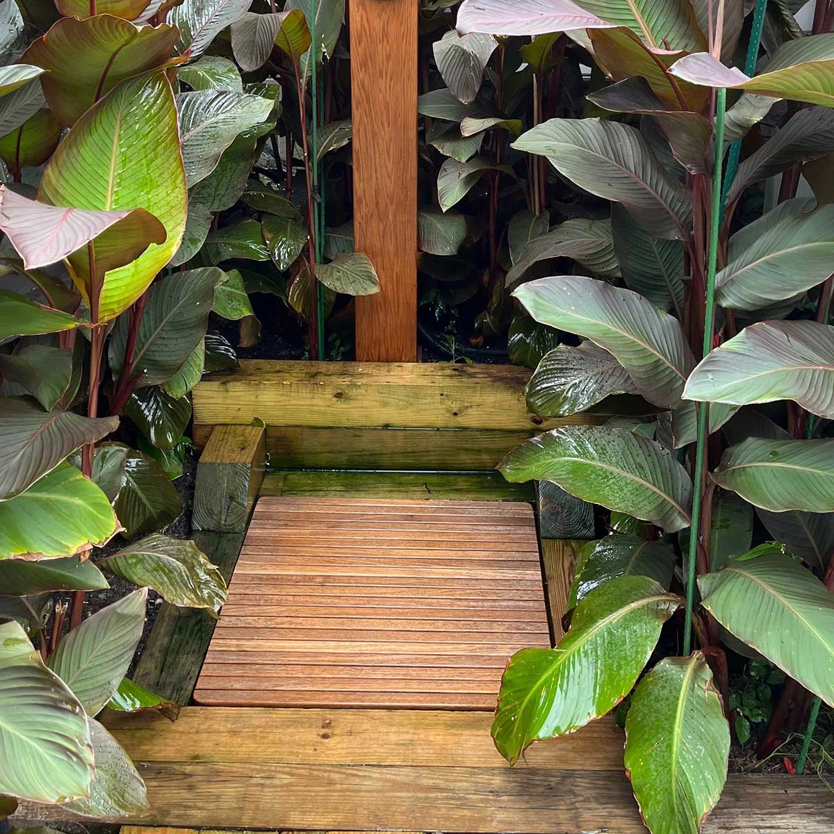 USA made teak wood mat in luxury outdoor shower