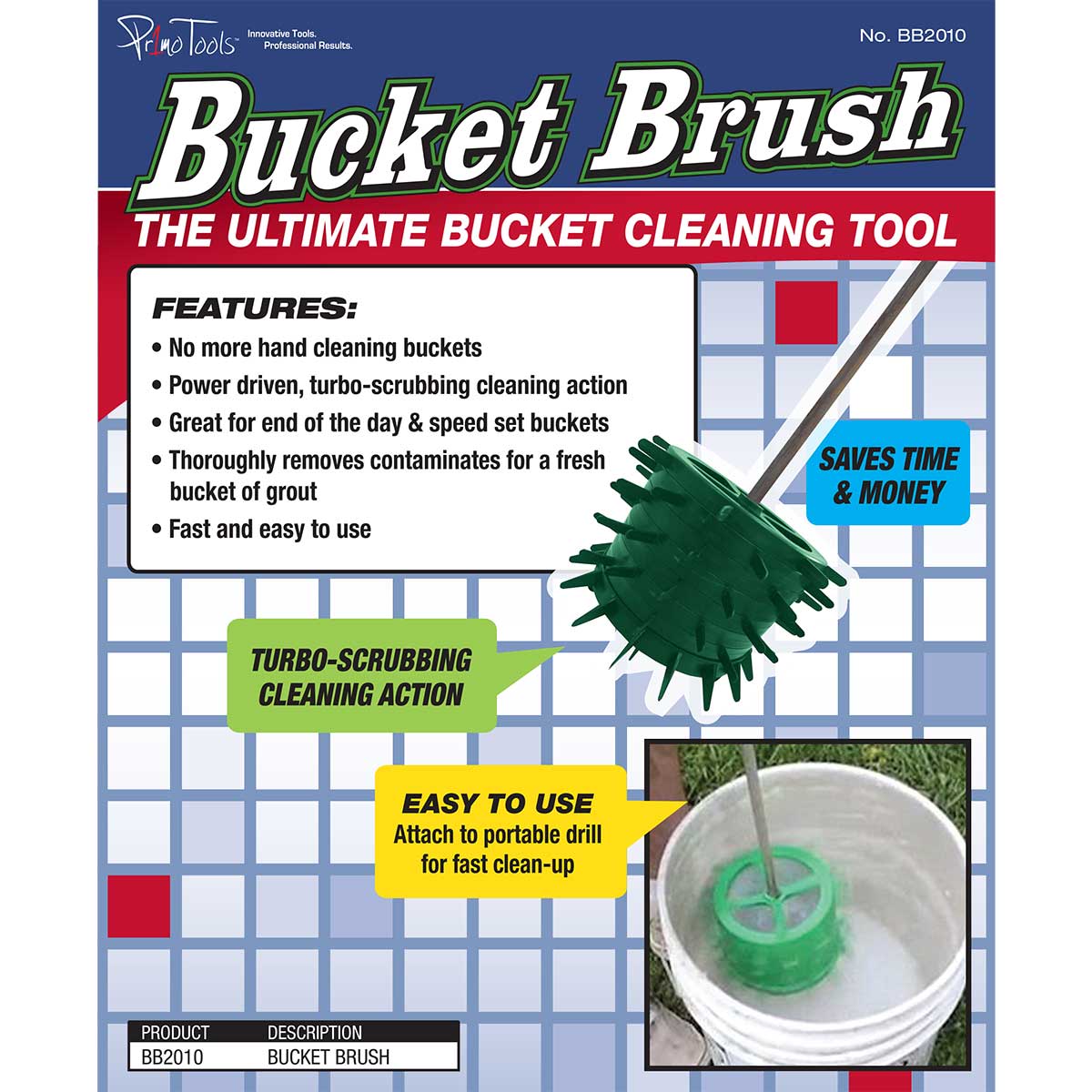 Advertisement for Bucket Brush cleaning tool with features and usage instructions.