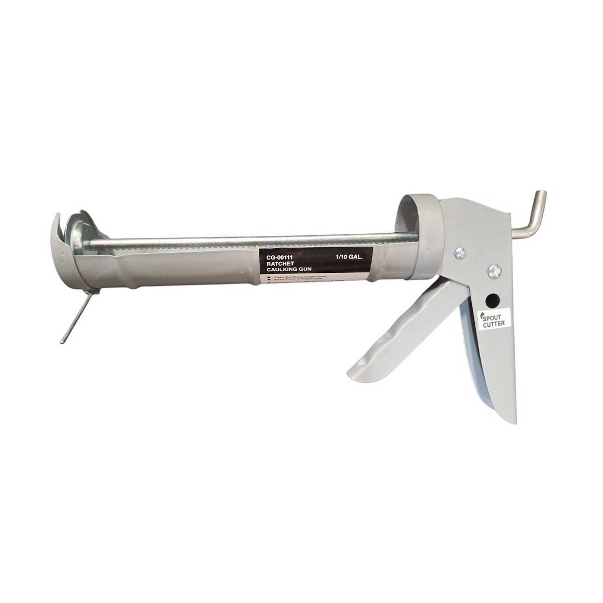 Contractor caulking gun with built-in spout cutter and ladder hook