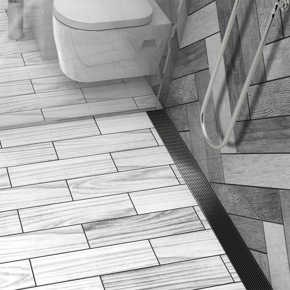 Black Nickel linear shower drain with foot-friendly wedge grate
