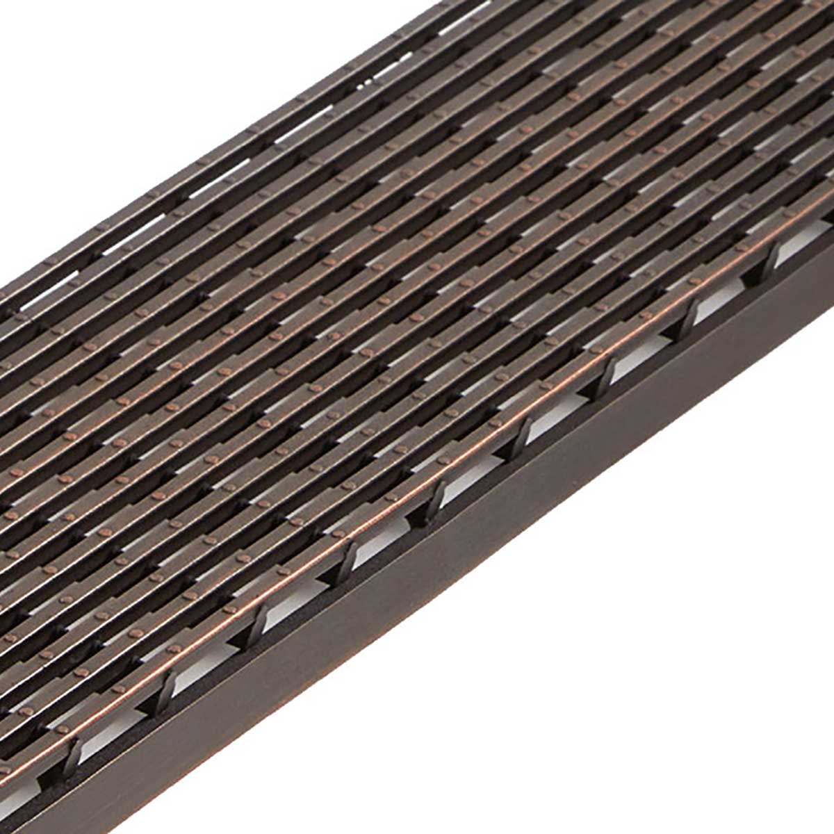 Oil-Rubbed Bronze linear shower drain with foot-friendly wedge grate