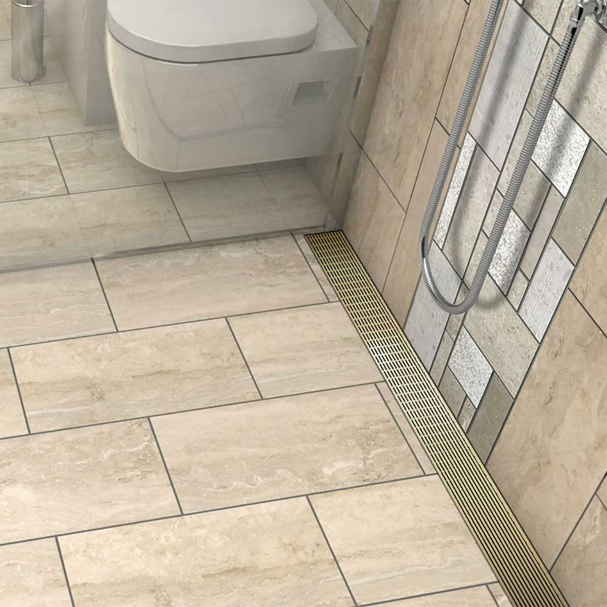 Satin Brass linear shower drain with foot-friendly wedge grate