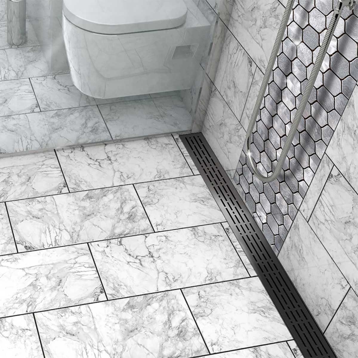 Decorative Quartz by ACO Mix Black Nickel shower drain grate for modern tile showers