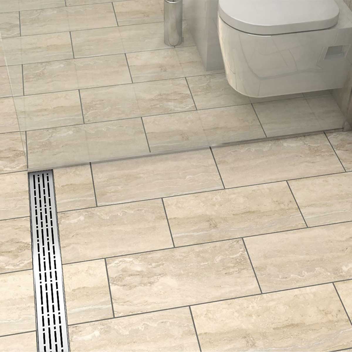Quartz by ACO Brushed Stainless linear shower drain installed in contemporary curbless shower