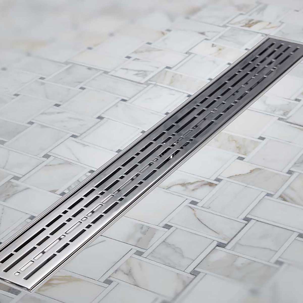 Decorative Quartz by ACO Mix Polished Chrome shower drain grate for modern tile shower installations