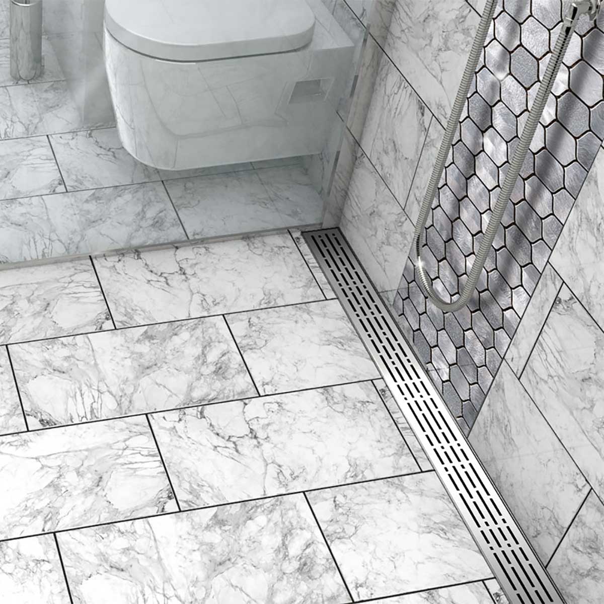 Quartz by ACO Polished Chrome linear shower drain installed in contemporary curbless shower
