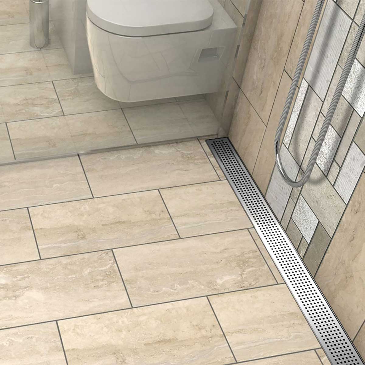 Polished Chrome Quadrato linear shower drain with geometric square grate