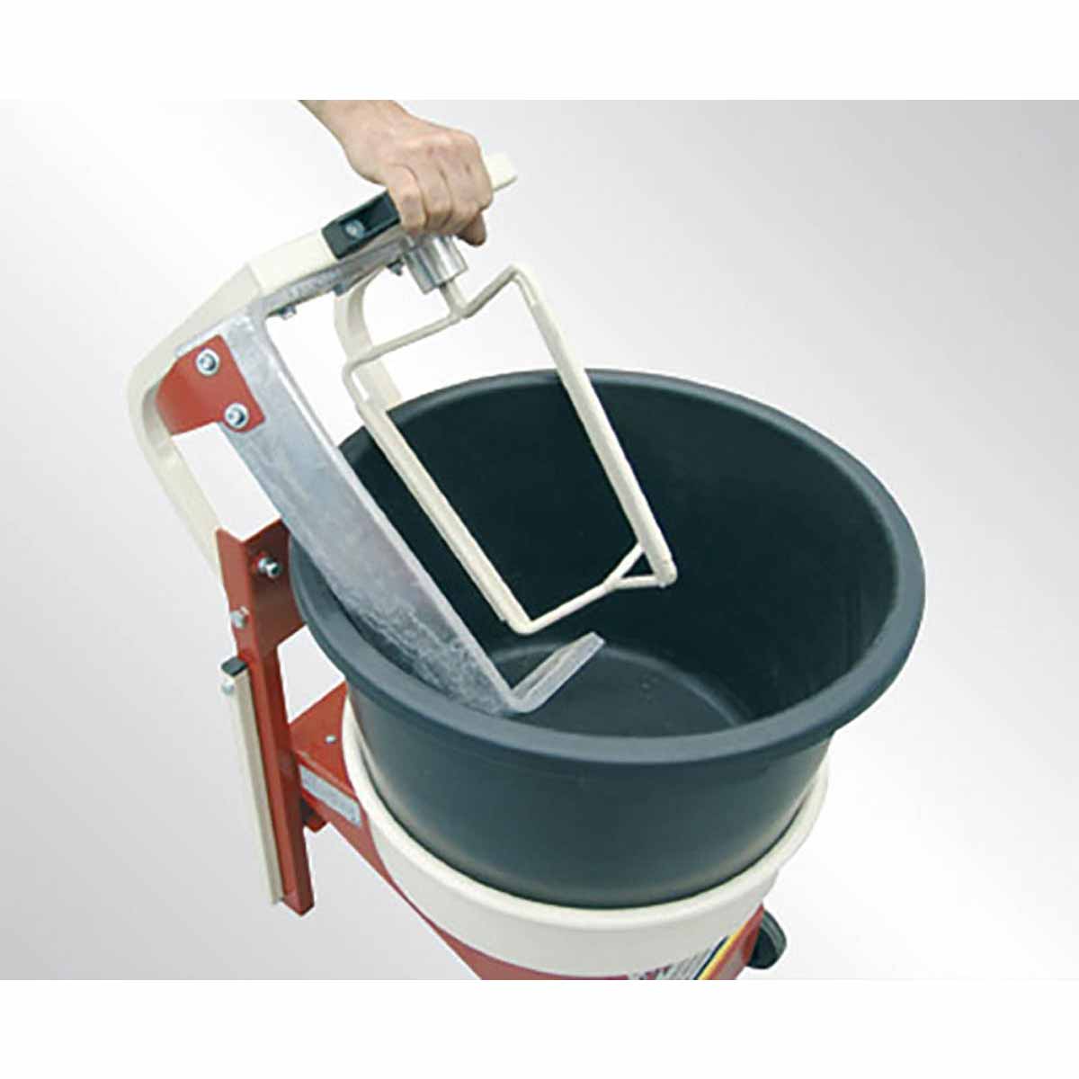 Jobsite mixing of mortar and tile adhesive using Raimondi IPERBET 110V power mixer with rotating bucket
